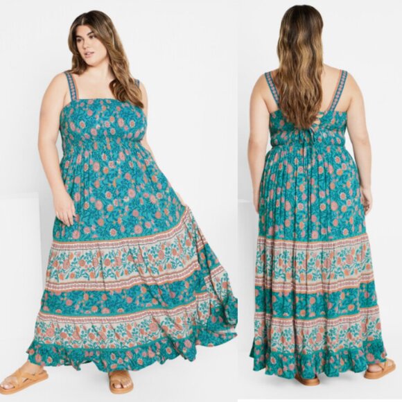 City Chic Dresses & Skirts - NWT City Chic 18 Turquoise Floral Lace-Up Back Smocked Maxi Dress